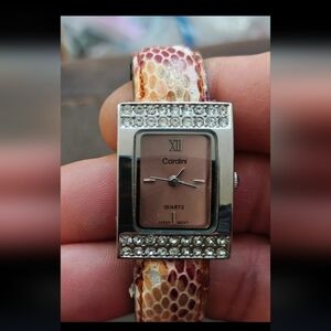 1980s Vintage Cardini Square Bezel With Rhinestones Pink Dial Ladies Watch